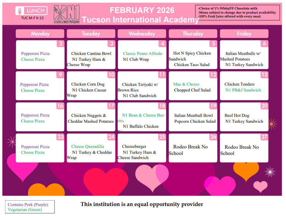 February 2026 lunch menu calendar